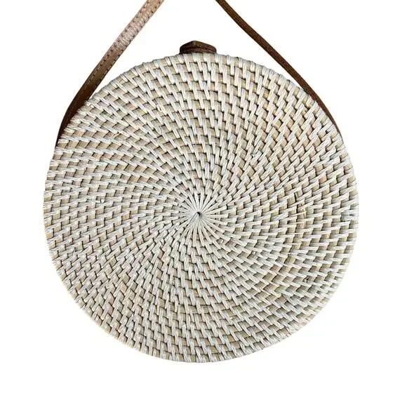 Round Woven Straw Crossbody Bag Boho Basket Purse Leather Strap - Picture 2 of 11